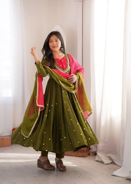 Affordable Green Roman Silk Festival Wear Anarkali Suit Set with Embroidered Sequence Work Ready To Wear Collection
