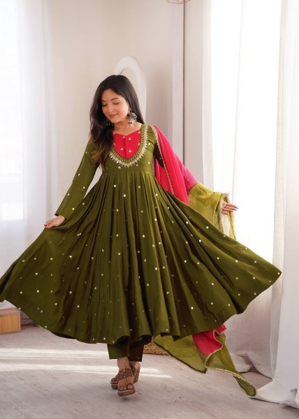 Affordable Green Roman Silk Festival Wear Anarkali Suit Set with Embroidered Sequence Work Ready To Wear Collection