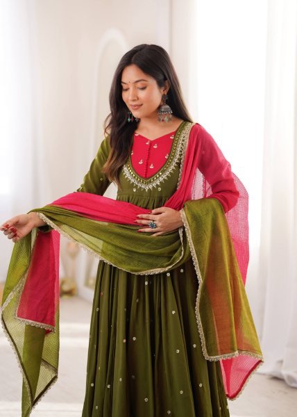 Affordable Green Roman Silk Festival Wear Anarkali Suit Set with Embroidered Sequence Work Ready To Wear Collection