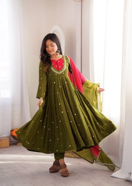 Affordable Green Roman Silk Festival Wear Anarkali Suit Set with Embroidered Sequence Work Ready To Wear Collection