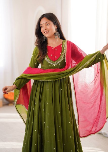 Affordable Green Roman Silk Festival Wear Anarkali Suit Set with Embroidered Sequence Work Ready To Wear Collection