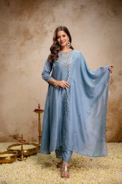 Affordable Sky Blue Suit Set With Dupatta for Women Fashion Anarkali Kurtis 