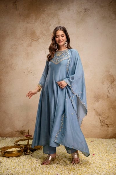 Affordable Sky Blue Suit Set With Dupatta for Women Fashion Anarkali Kurtis 