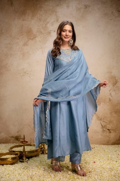 Affordable Sky Blue Suit Set With Dupatta for Women Fashion Anarkali Kurtis 
