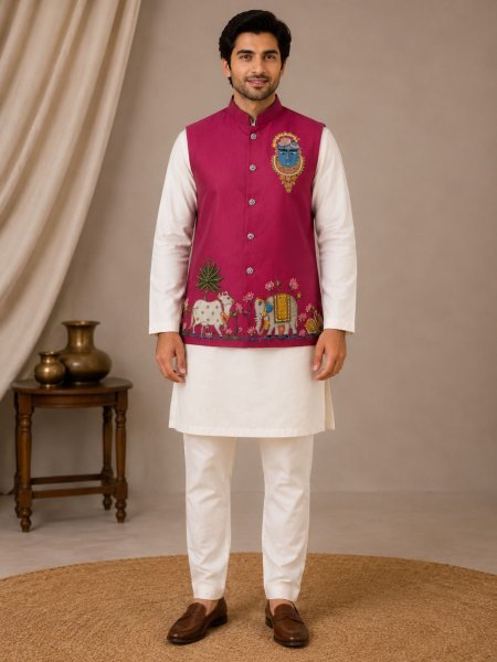 Affordable Hot Pink Premium Men's Malai Satin Kurta Koti Set with Stylish Designer Handwork Mens Wear