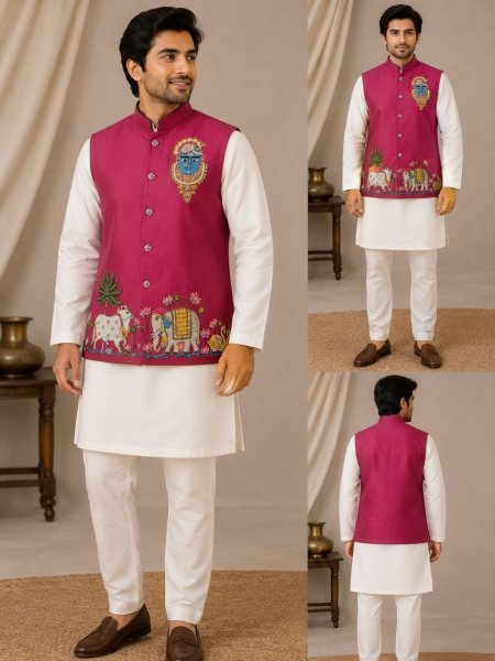 Affordable Hot Pink Premium Men's Malai Satin Kurta Koti Set with Stylish Designer Handwork Kurta Pajama Wholesale