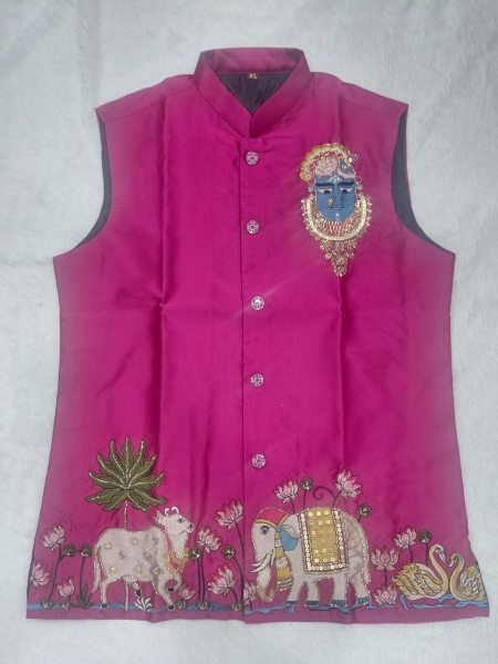 Affordable Hot Pink Premium Men's Malai Satin Kurta Koti Set with Stylish Designer Handwork Kurta Pajama Wholesale