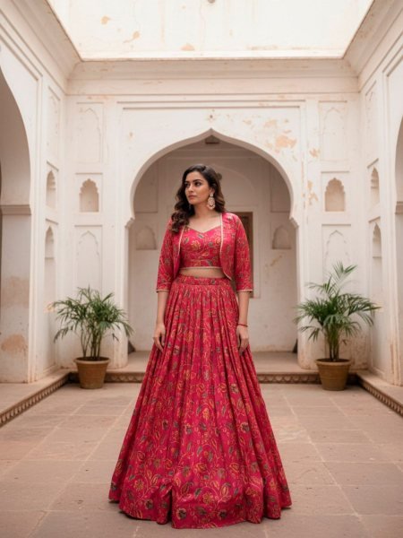 Affordable Hot Pink Tasar Silk Wedding Lehenga Choli with Printed Blouse and Elegant Floral Koti 
