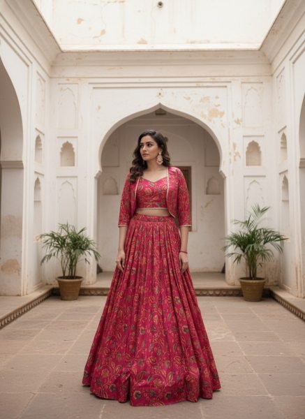 Affordable Hot Pink Tasar Silk Wedding Lehenga Choli with Printed Blouse and Elegant Floral Koti Designer Lehenga Choli