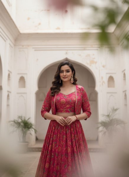 Affordable Hot Pink Tasar Silk Wedding Lehenga Choli with Printed Blouse and Elegant Floral Koti Designer Lehenga Choli