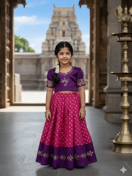 Affordable Kids Purple And Pink Silk Lehenga Choli with Embroidery Kurtis