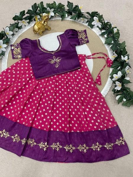 Affordable Kids Purple And Pink Silk Lehenga Choli with Embroidery Girls Wear