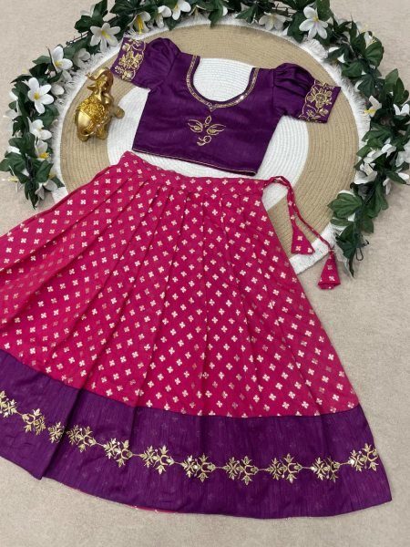 Affordable Kids Purple And Pink Silk Lehenga Choli with Embroidery Girls Wear