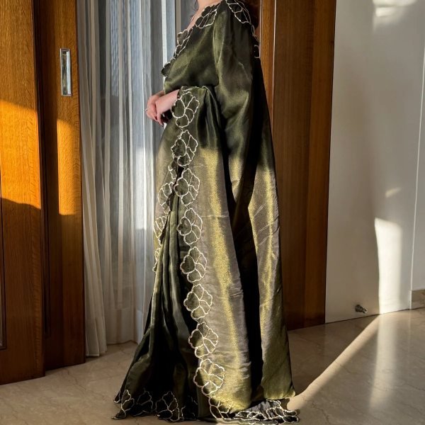 Affordable Mahendi Green Soft Fendy Chiffon Saree with Heavy Coding Work at Manufacturer Price Bollywood Fancy Sarees Wholesale