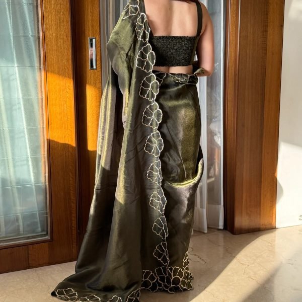 Affordable Mahendi Green Soft Fendy Chiffon Saree with Heavy Coding Work at Manufacturer Price Bollywood Fancy Sarees Wholesale
