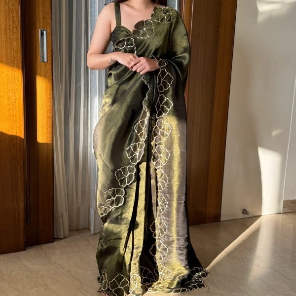 Affordable Mahendi Green Soft Fendy Chiffon Saree with Heavy Coding Work at Manufacturer Price Bollywood Fancy Sarees Wholesale