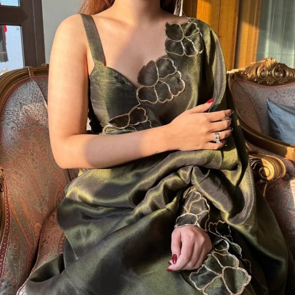 Affordable Mahendi Green Soft Fendy Chiffon Saree with Heavy Coding Work at Manufacturer Price Bollywood Fancy Sarees Wholesale