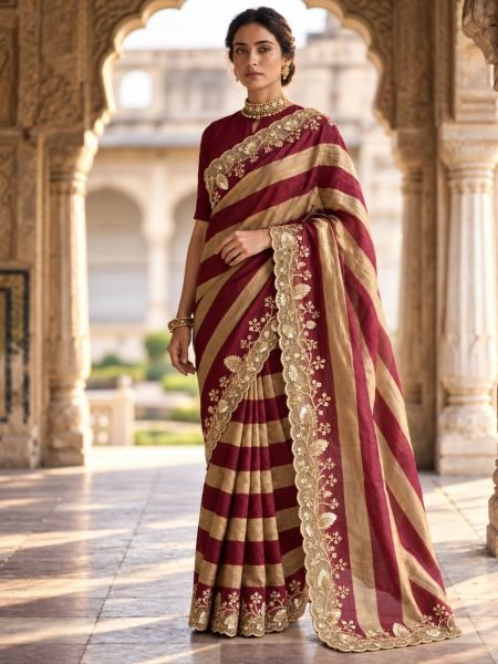 Affordable Maroon Designer Party Wear Salsa Silk Saree with Plain Blouse  Sarees 
