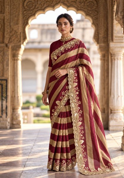 Affordable Maroon Designer Party Wear Salsa Silk Saree with Plain Blouse  Silk Sarees Wholesale