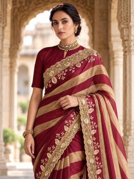 Affordable Maroon Designer Party Wear Salsa Silk Saree with Plain Blouse  Silk Sarees Wholesale