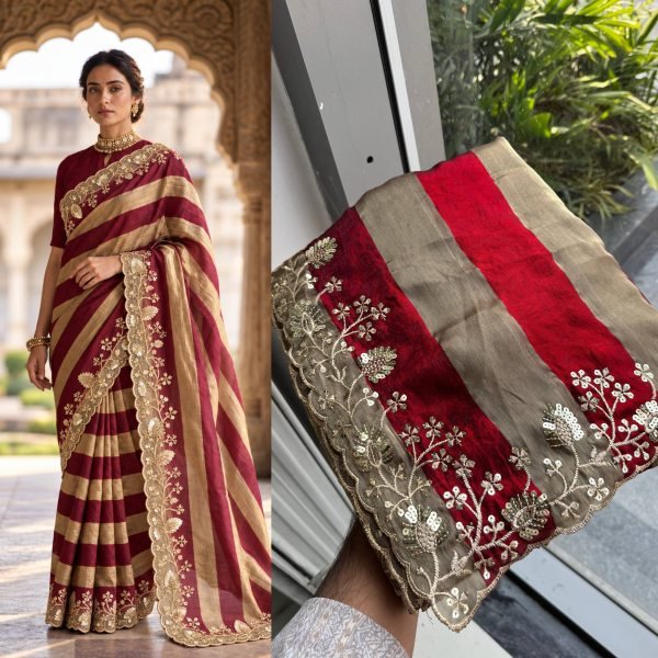 Affordable Maroon Designer Party Wear Salsa Silk Saree with Plain Blouse  Silk Sarees Wholesale