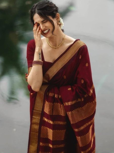 Affordable Maroon Soft Silk Saree with Art Silk Jacquard Border and Contrast Blouse 