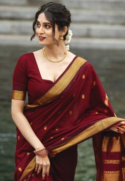 Affordable Maroon Soft Silk Saree with Art Silk Jacquard Border and Contrast Blouse South Indian Saree 