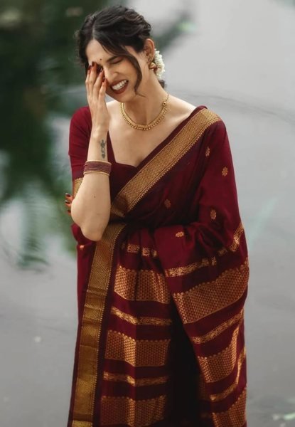 Affordable Maroon Soft Silk Saree with Art Silk Jacquard Border and Contrast Blouse South Indian Saree 