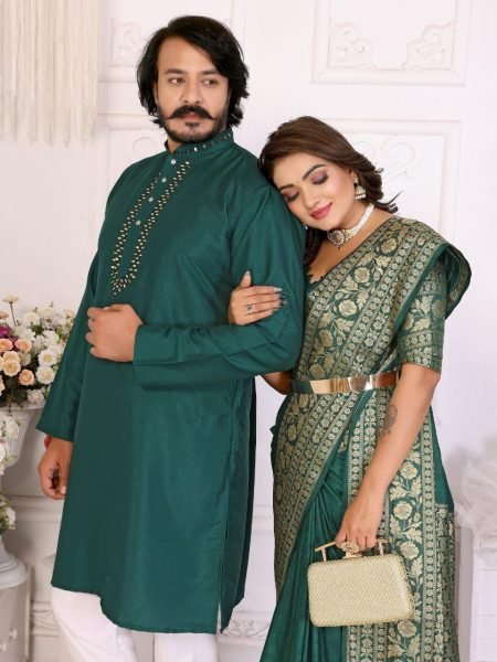 Affordable Matching Couple Set for Wedding & Festivals Mens Kurta Pajama and Womens Dola Silk Saree Couple Combo collection 