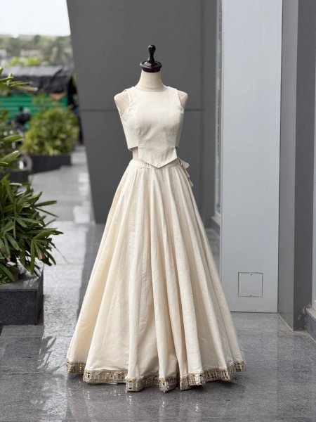 Affordable OffWhite Navratri Khadi Cotton Lehenga Choli with Mirror Work Border Navratri Lehnega Choli