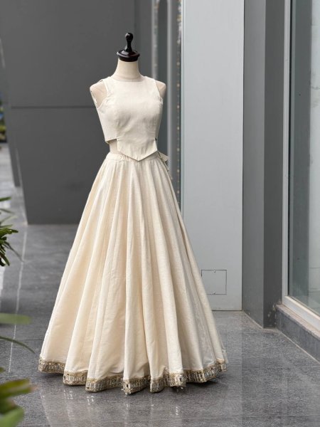 Affordable OffWhite Navratri Khadi Cotton Lehenga Choli with Mirror Work Border Navratri Lehnega Choli