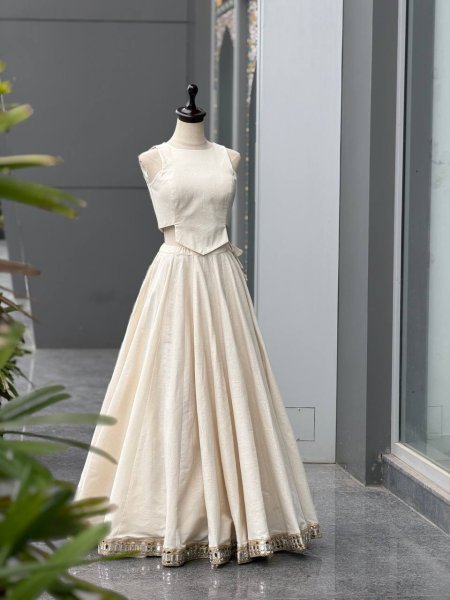 Affordable OffWhite Navratri Khadi Cotton Lehenga Choli with Mirror Work Border Navratri Lehnega Choli