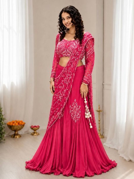Affordable Pink Chinon Silk Lehenga Set with Sequins Embroidery at Wholesale Rate 