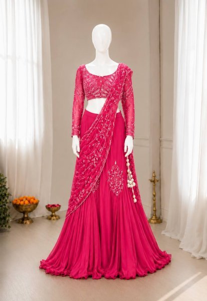 Affordable Pink Chinon Silk Lehenga Set with Sequins Embroidery at Wholesale Rate Ready To Wear Saree 