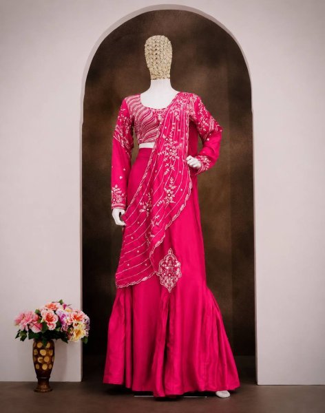 Affordable Pink Chinon Silk Lehenga Set with Sequins Embroidery at Wholesale Rate Ready To Wear Saree 