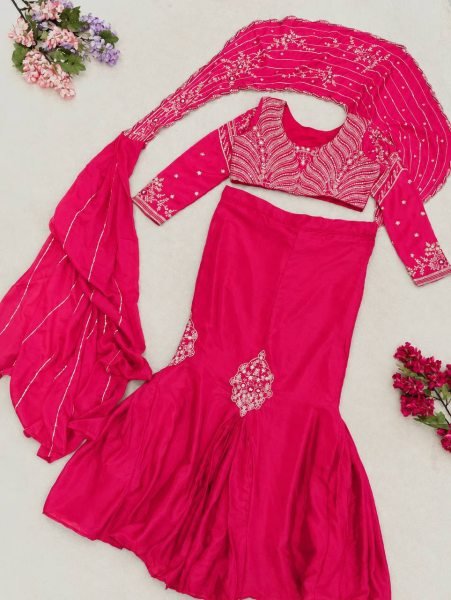 Affordable Pink Chinon Silk Lehenga Set with Sequins Embroidery at Wholesale Rate Ready To Wear Saree 