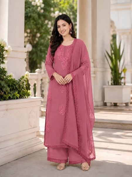 Affordable Pink Designer Georgette Top Palazzo Suit with Embroidery Work 