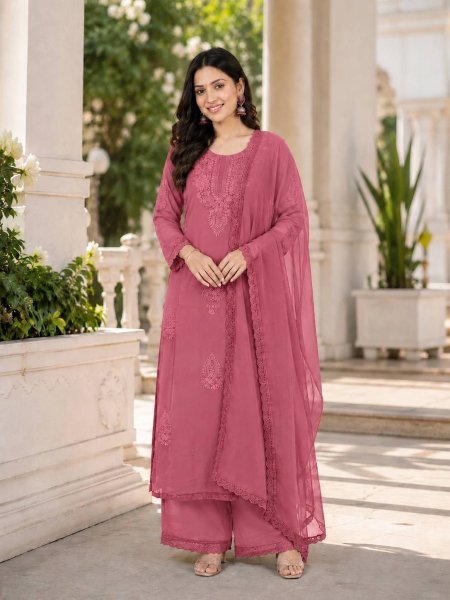 Affordable Pink Designer Georgette Top Palazzo Suit with Embroidery Work Ready To Wear Collection