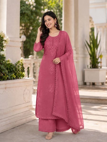 Affordable Pink Designer Georgette Top Palazzo Suit with Embroidery Work Ready To Wear Collection