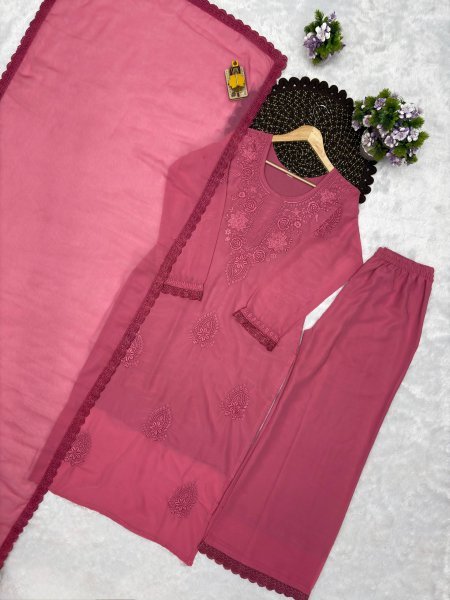 Affordable Pink Designer Georgette Top Palazzo Suit with Embroidery Work Ready To Wear Collection
