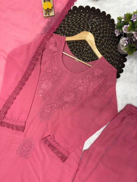 Affordable Pink Designer Georgette Top Palazzo Suit with Embroidery Work Ready To Wear Collection
