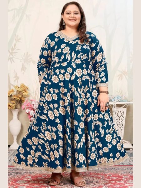 Affordable Plus-Size Teal Blue Rayon Maxi Kurti Gown With V-Neck Plus Size Kurti / Gown