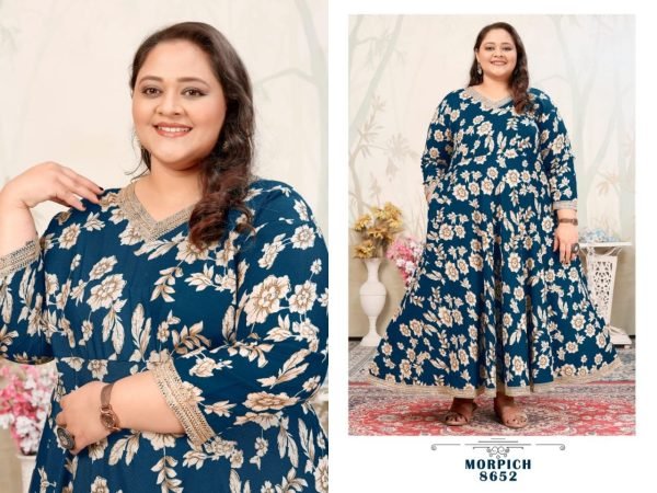 Affordable Plus-Size Teal Blue Rayon Maxi Kurti Gown With V-Neck Plus Size Kurti / Gown