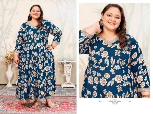 Affordable Plus-Size Teal Blue Rayon Maxi Kurti Gown With V-Neck Plus Size Kurti / Gown