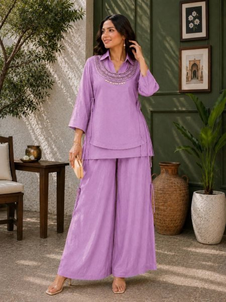 Affordable Purple Cord Set Kurti Set With Designer Koti For Direct Mill Price Ready To Wear Collection