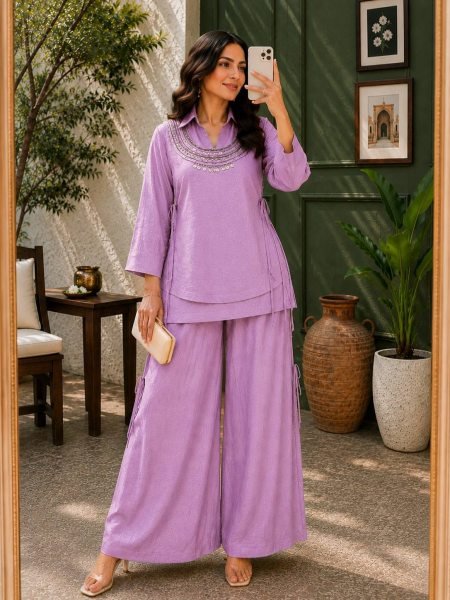 Affordable Purple Cord Set Kurti Set With Designer Koti For Direct Mill Price Ready To Wear Collection