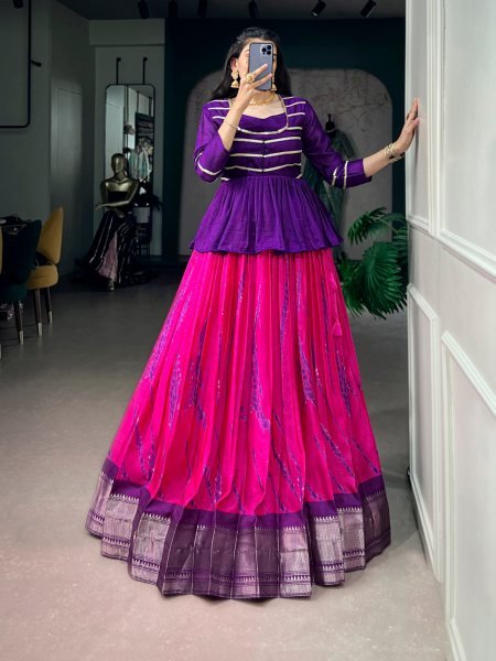 Affordable Purple Dola Silk Shibori Lehenga Choli With Zari Woven Border For Women Dandiya Dress Navratri Lehnega Choli