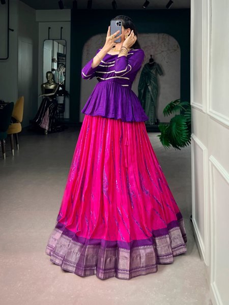 Affordable Purple Dola Silk Shibori Lehenga Choli With Zari Woven Border For Women Dandiya Dress Navratri Lehnega Choli