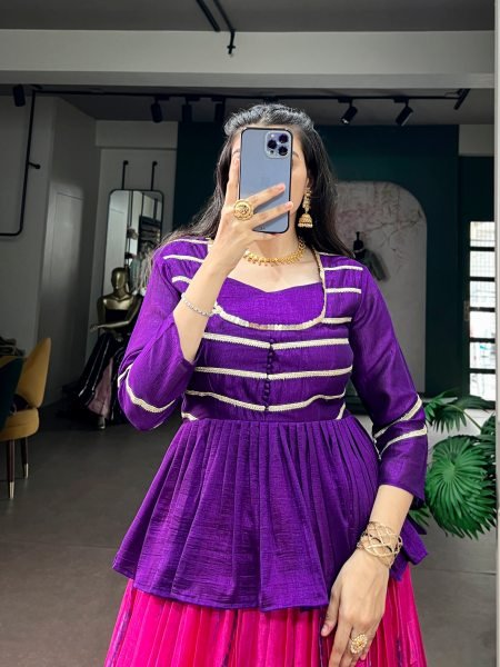 Affordable Purple Dola Silk Shibori Lehenga Choli With Zari Woven Border For Women Dandiya Dress Navratri Lehnega Choli