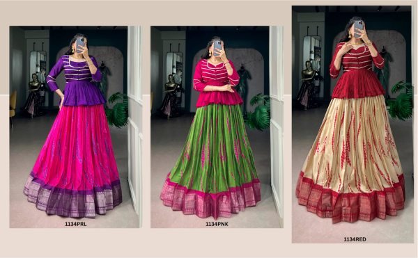 Affordable Purple Dola Silk Shibori Lehenga Choli With Zari Woven Border For Women Dandiya Dress Navratri Lehnega Choli